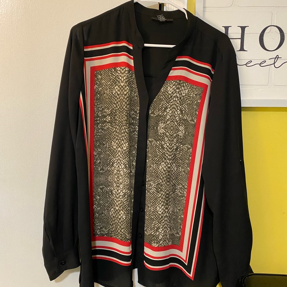 Alfani Blouse Size 16 Blk. Red, Beige Button Down, Long Sleeve.